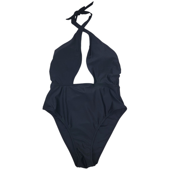 NWT Cupshe X Stassie Halter Swimsuit Black One Piece Front Cross Medium Backless - Picture 2 of 10